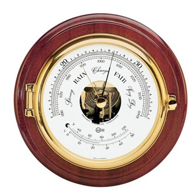 Barigo Barometer/ Thermo. Polished Brass With Mahogany Display Case. 150mm. 6-08030